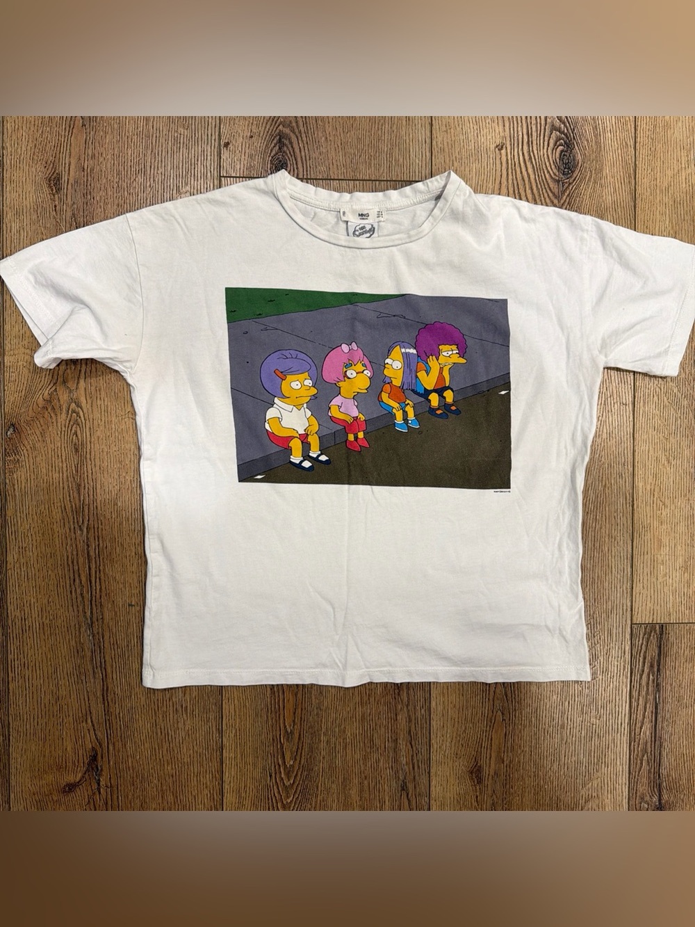 Mango White Short Sleeve Tee with Colorful Cartoon Group Print